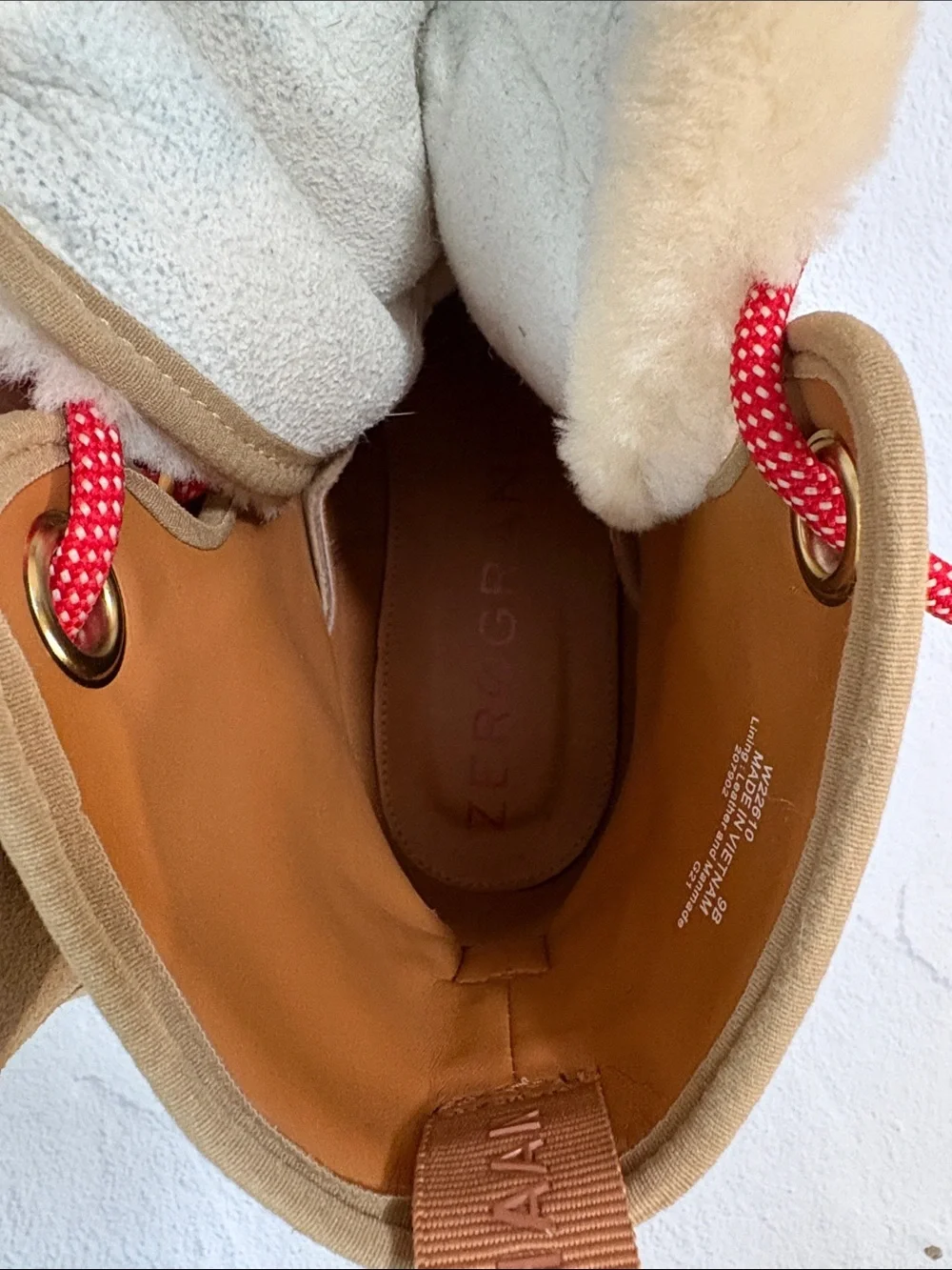 Cole Haan Tan Suede Shearling-Trim Winter Hiker Boots with Red Laces
